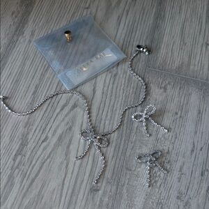 Alexa Rae Crystal Bow Necklace and Earring Set - Silver